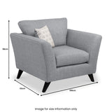 A gray armchair with angled black legs and a geometric-patterned accent pillow. Dimensions are indicated: 98cm high, 93cm deep, and 106cm wide. Text at the bottom reads "Image for size information only."