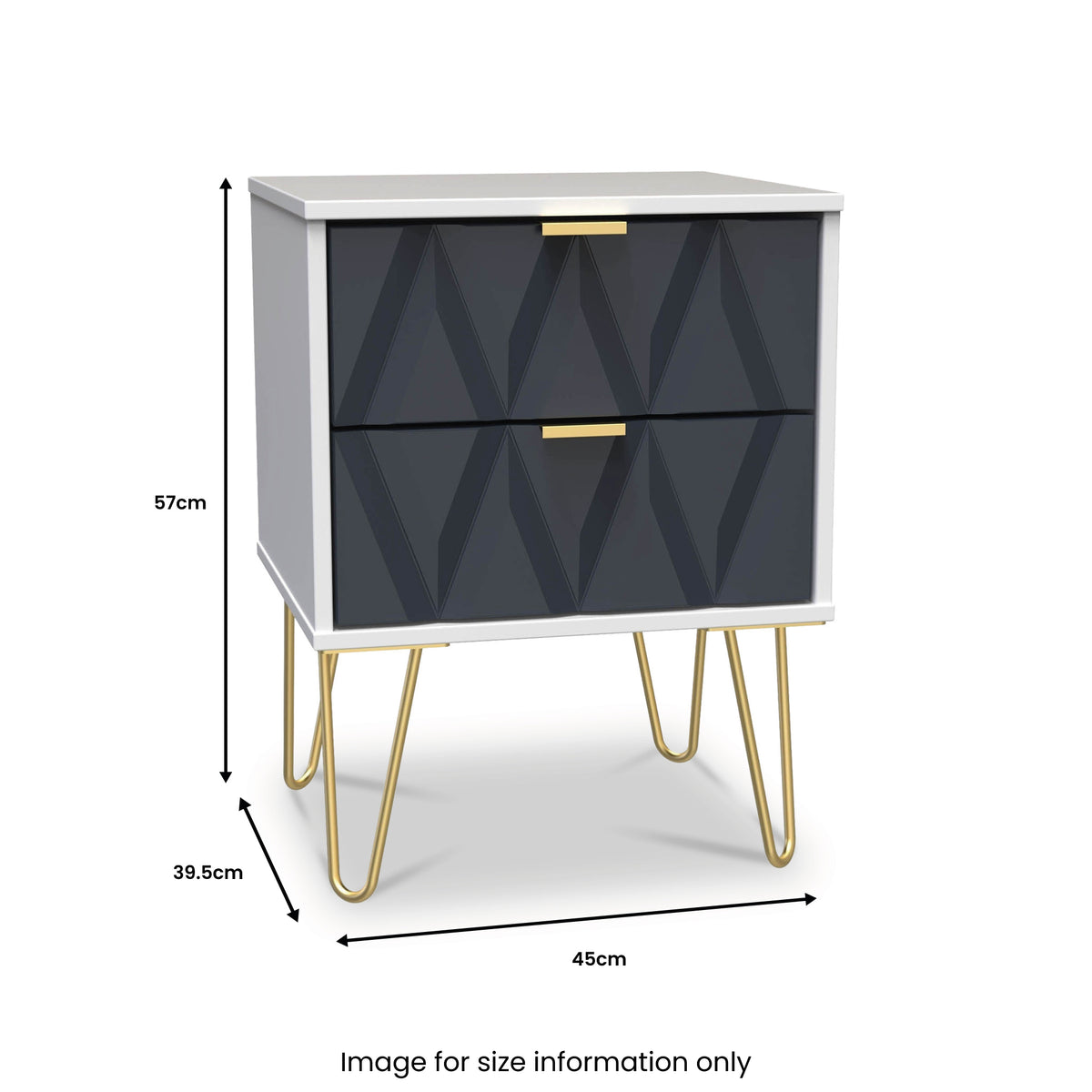Geo White and Grey 2 Drawer Bedside Table Cabinet with Gold Hair Pin Legs from Roseland Furniture Dimensions
