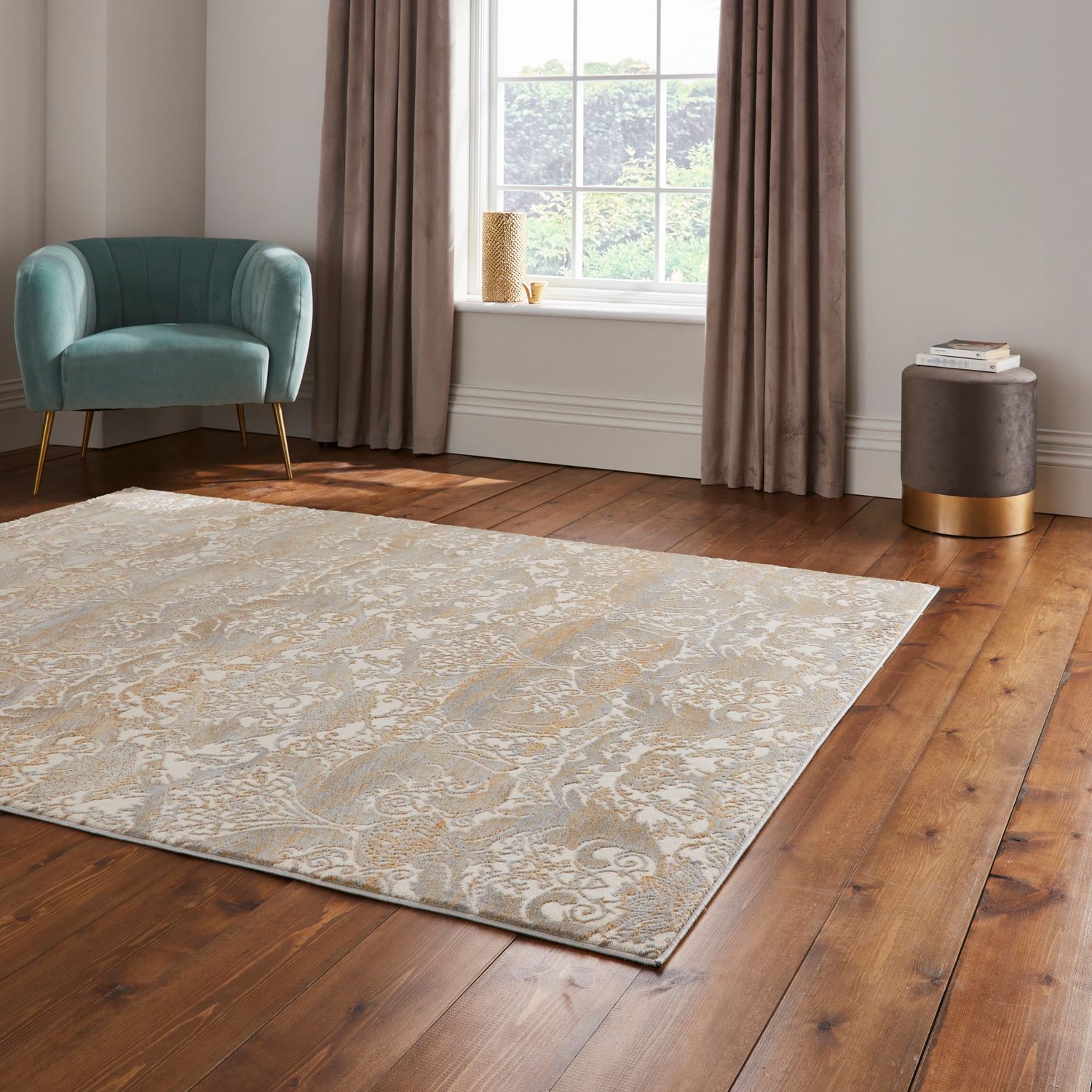 Gold Laurence Llewelyn-Bowen Ornate Metallic Rug from Roseland Furniture