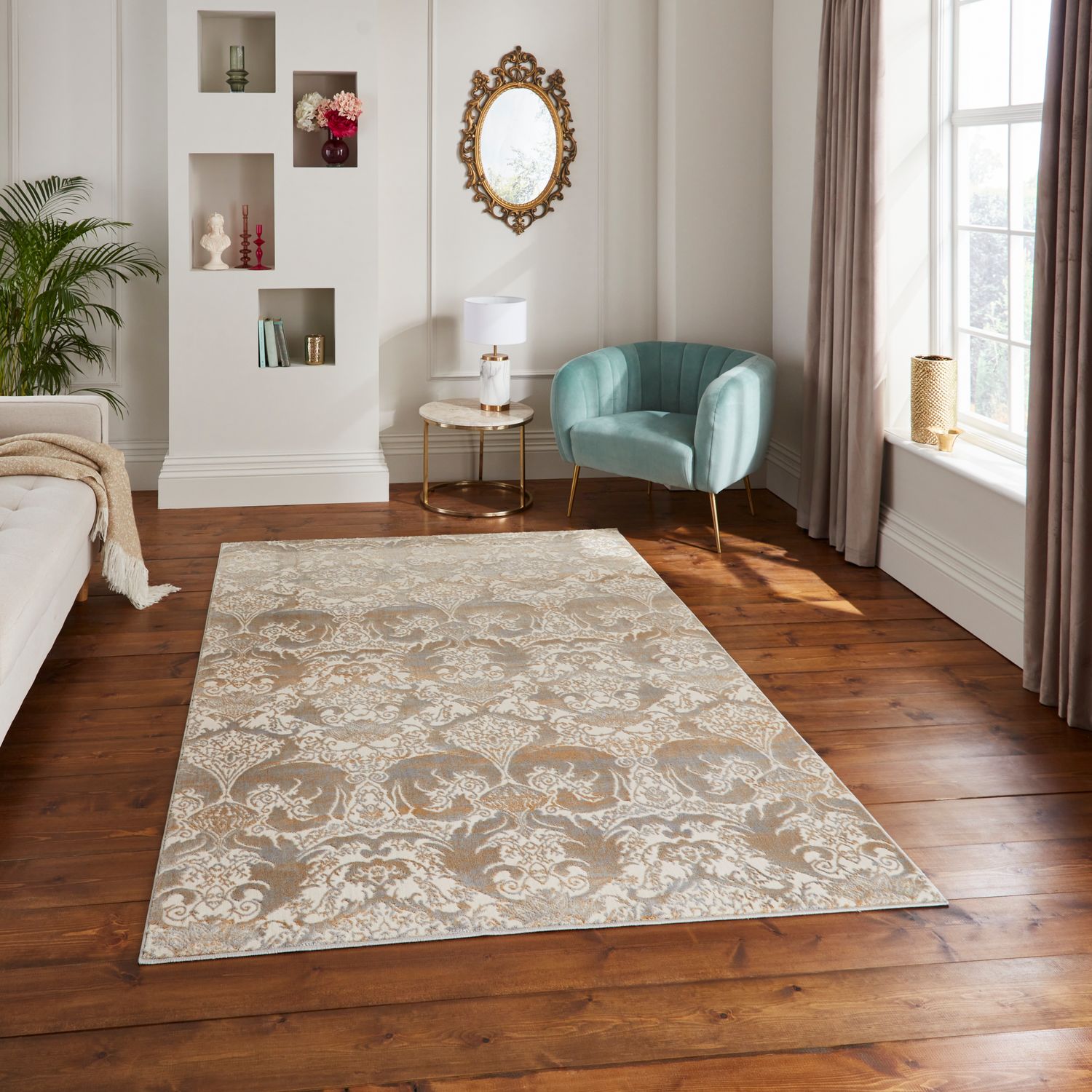 Gold Laurence Llewelyn-Bowen Ornate Metallic Rug from Roseland Furniture