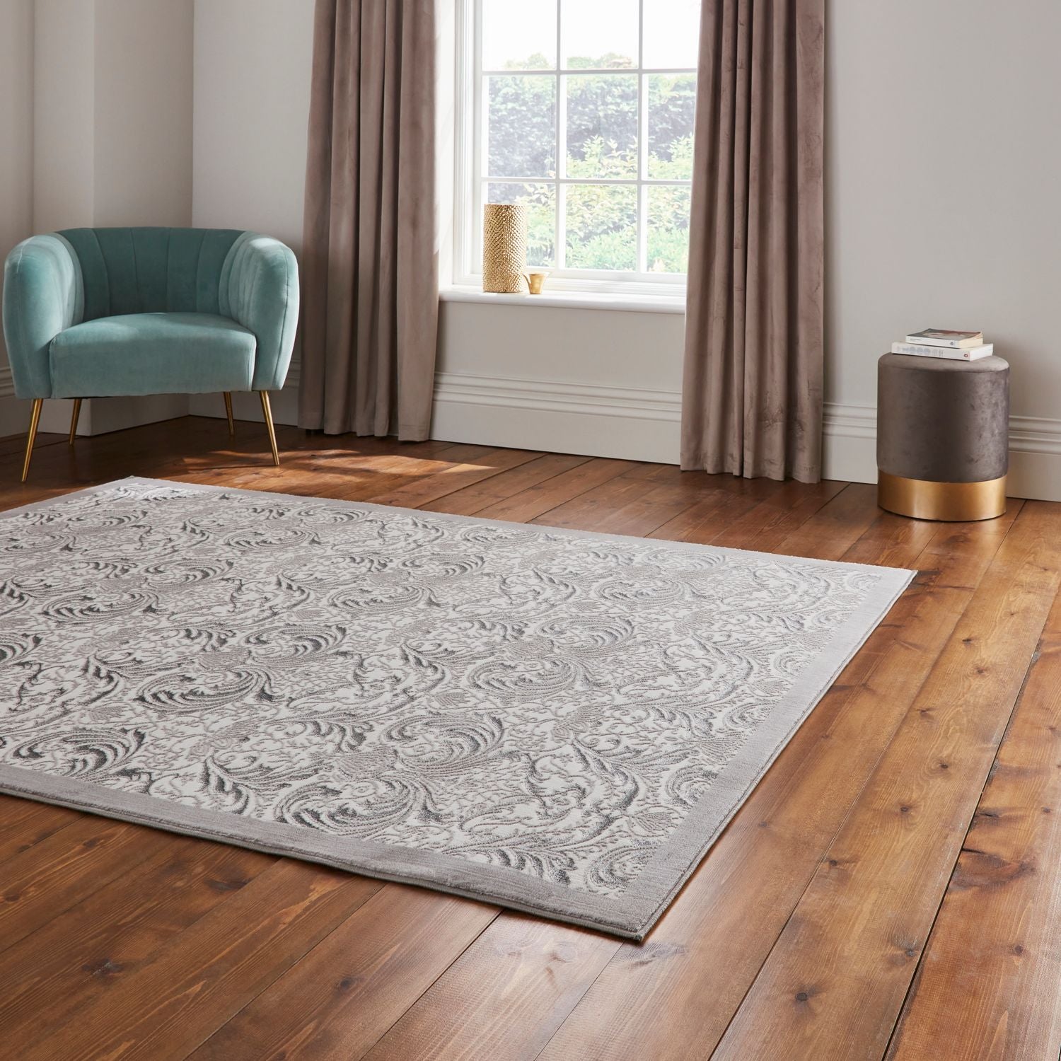 Silver Laurence Llewelyn-Bowen Ornate Metallic Rug from Roseland Furniture