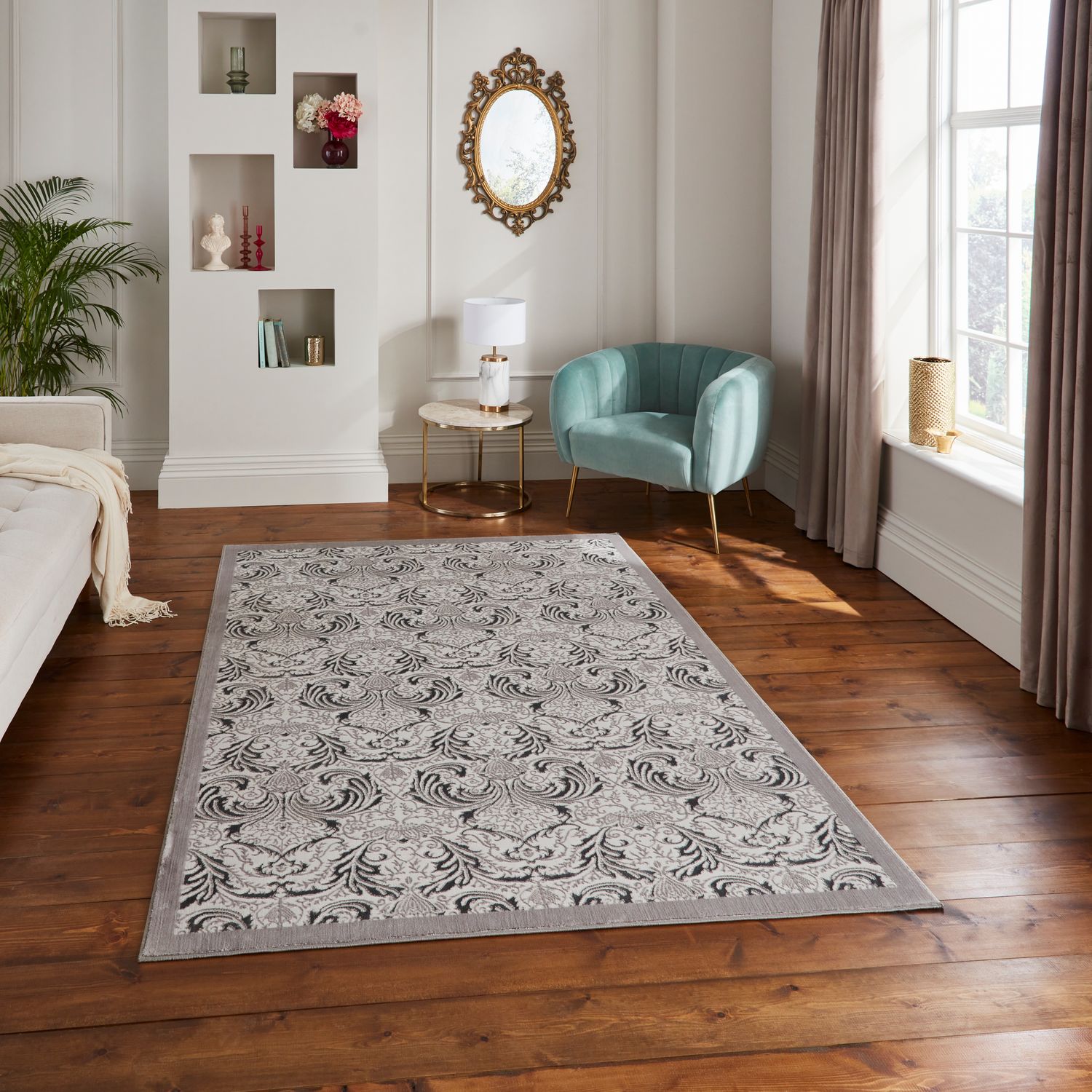 Silver Laurence Llewelyn-Bowen Ornate Metallic Rug from Roseland Furniture