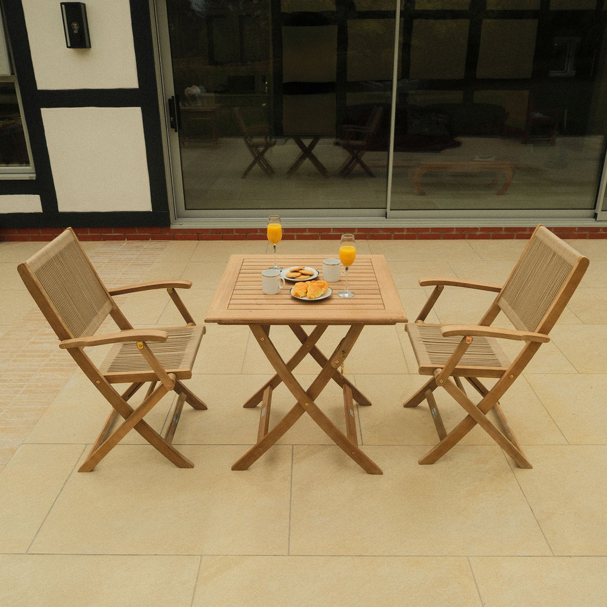 London FSC Acacia 2 Seater Square Folding Bistro Set with London Rope Folding Armchairs from Roseland Furniture