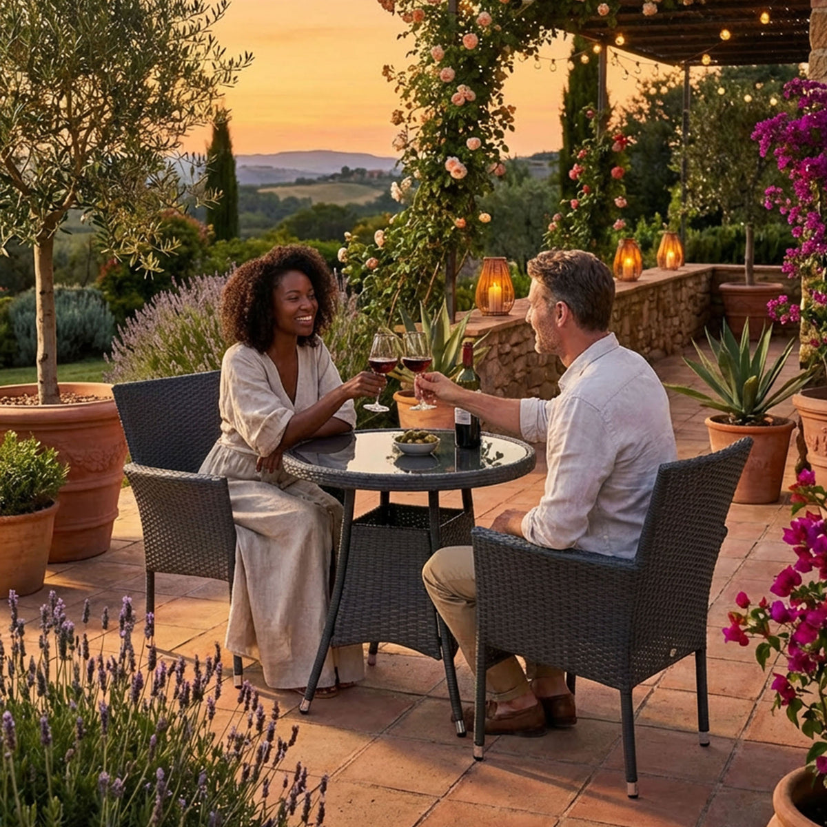 Malaga 2 Seat Deluxe Stacking Rattan Bistro Set from Roseland Furniture