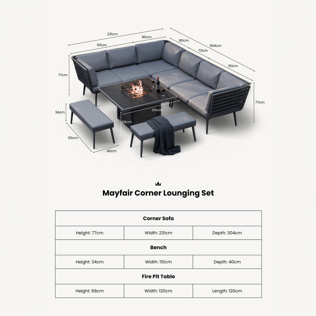 Mayfair 120cm Corner Fire Pit Table Garden Lounge Set dimensions