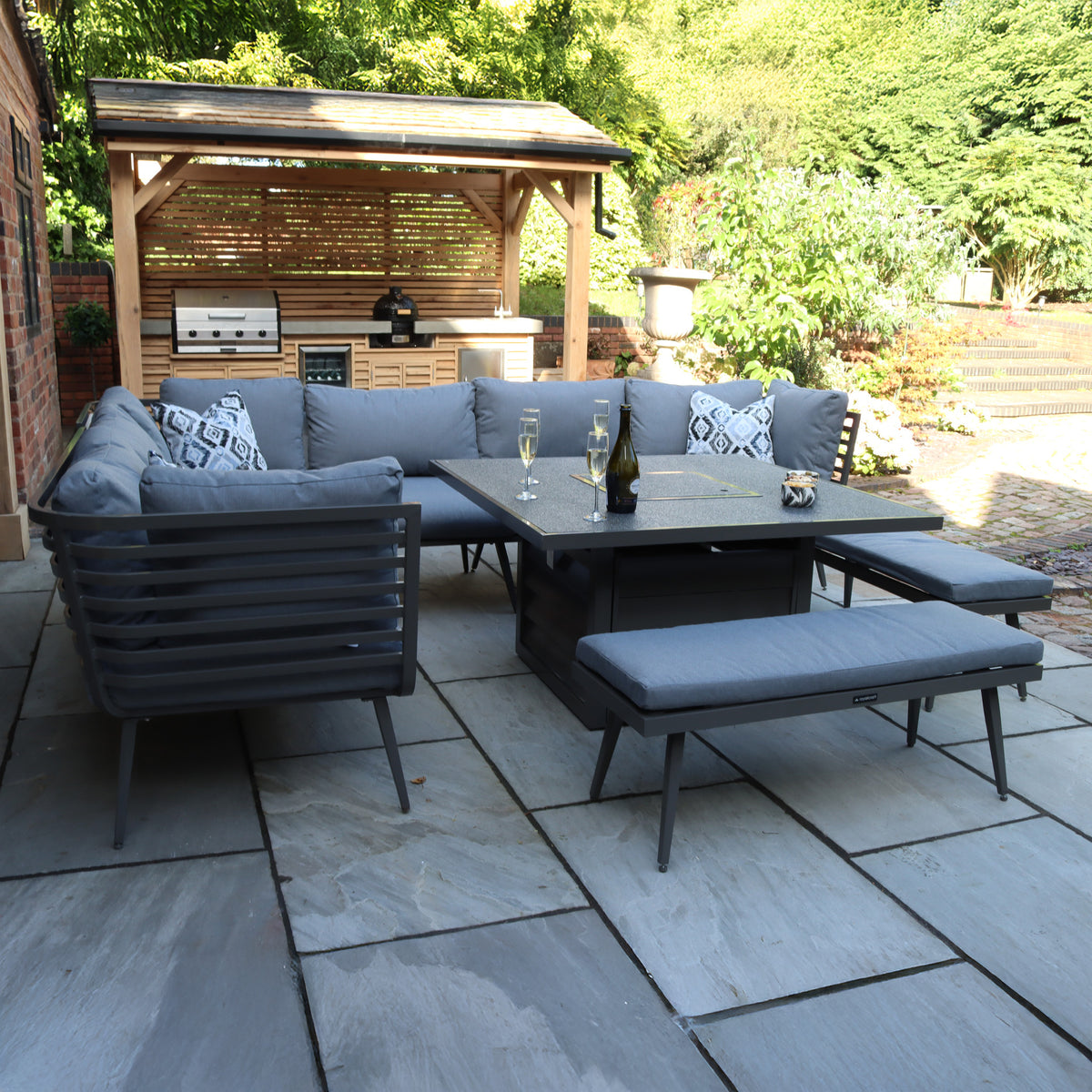 Mayfair 120cm Outdoor Corner Fire Pit Table Garden Lounge Set Grey from Roseland Furniture