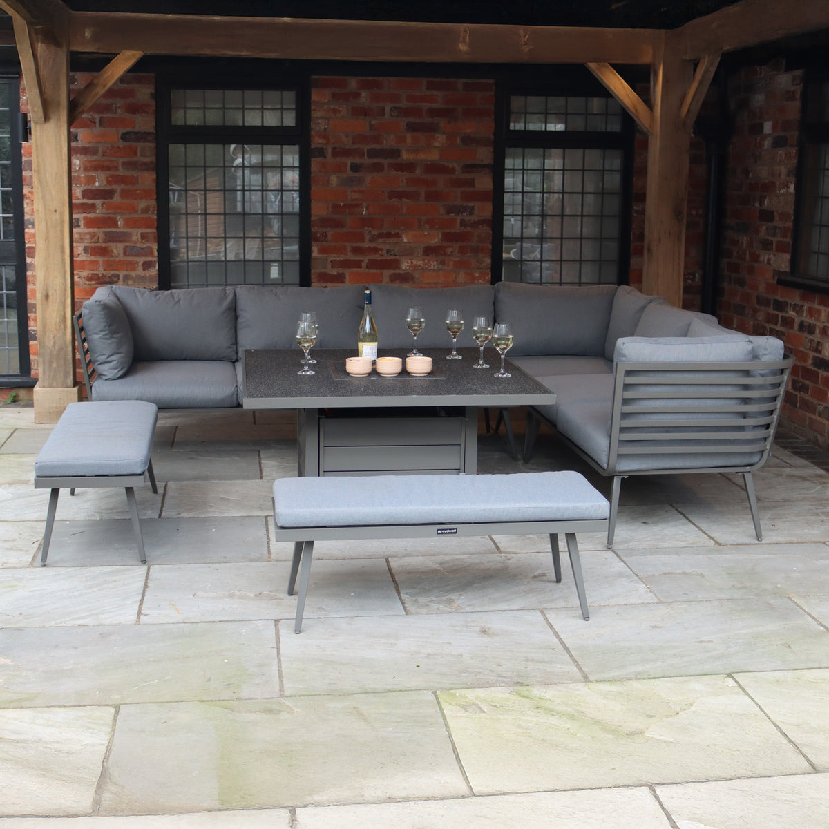 Mayfair 120cm Outdoor Corner Fire Pit Table Garden Lounge Set Grey from Roseland Furniture