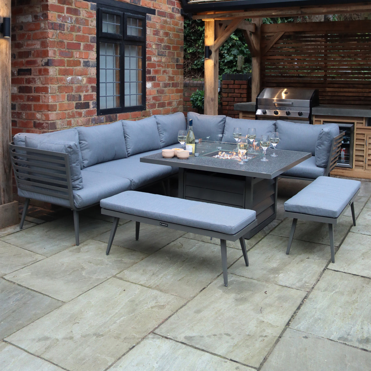 Mayfair 120cm Outdoor Corner Fire Pit Table Garden Lounge Set Grey from Roseland Furniture