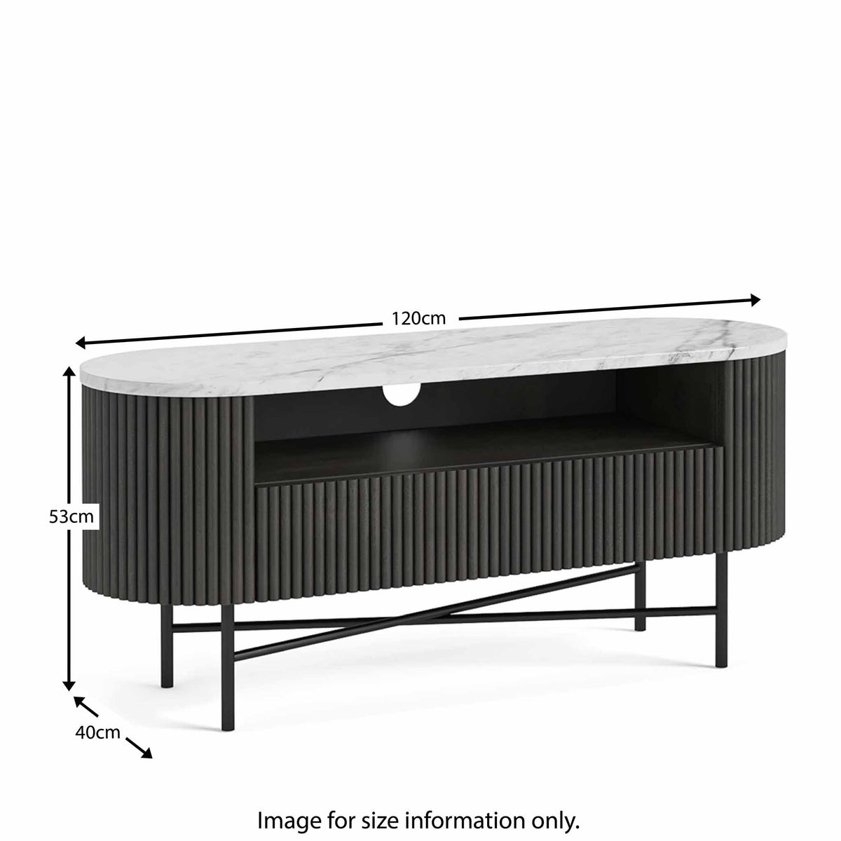 Milo Matt Black Mango & Marble Fluted TV Media Unit by Roseland Furniture Size Guide