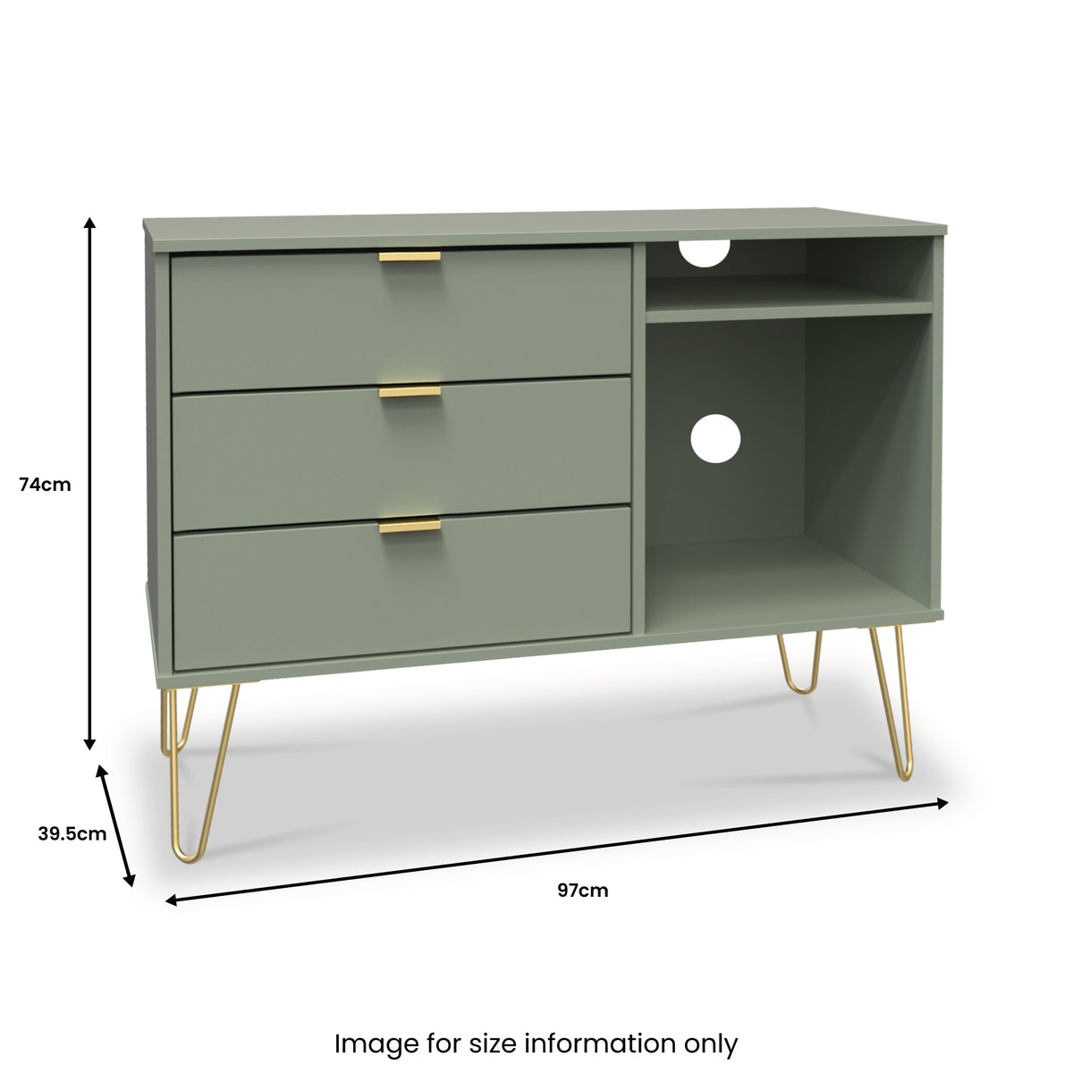 Moreno Olive 3 Drawer TV Unit with Gold Hairpin Legs from Roseland Furniture