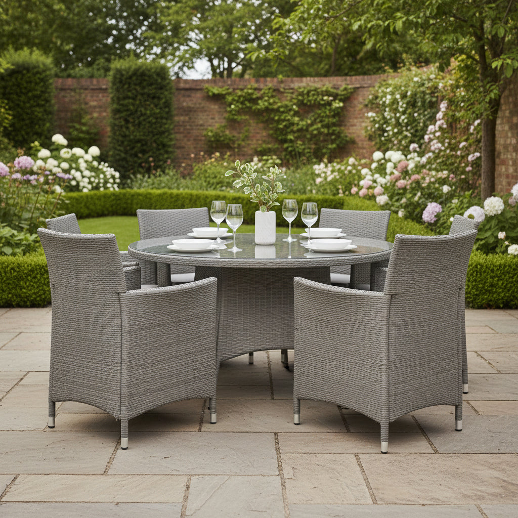 Vada Grey 140cm 6 Seat Rattan Round Dining Set