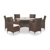 A round outdoor table with six matching wicker chairs, arranged as if awaiting guests, isolated against a white background.