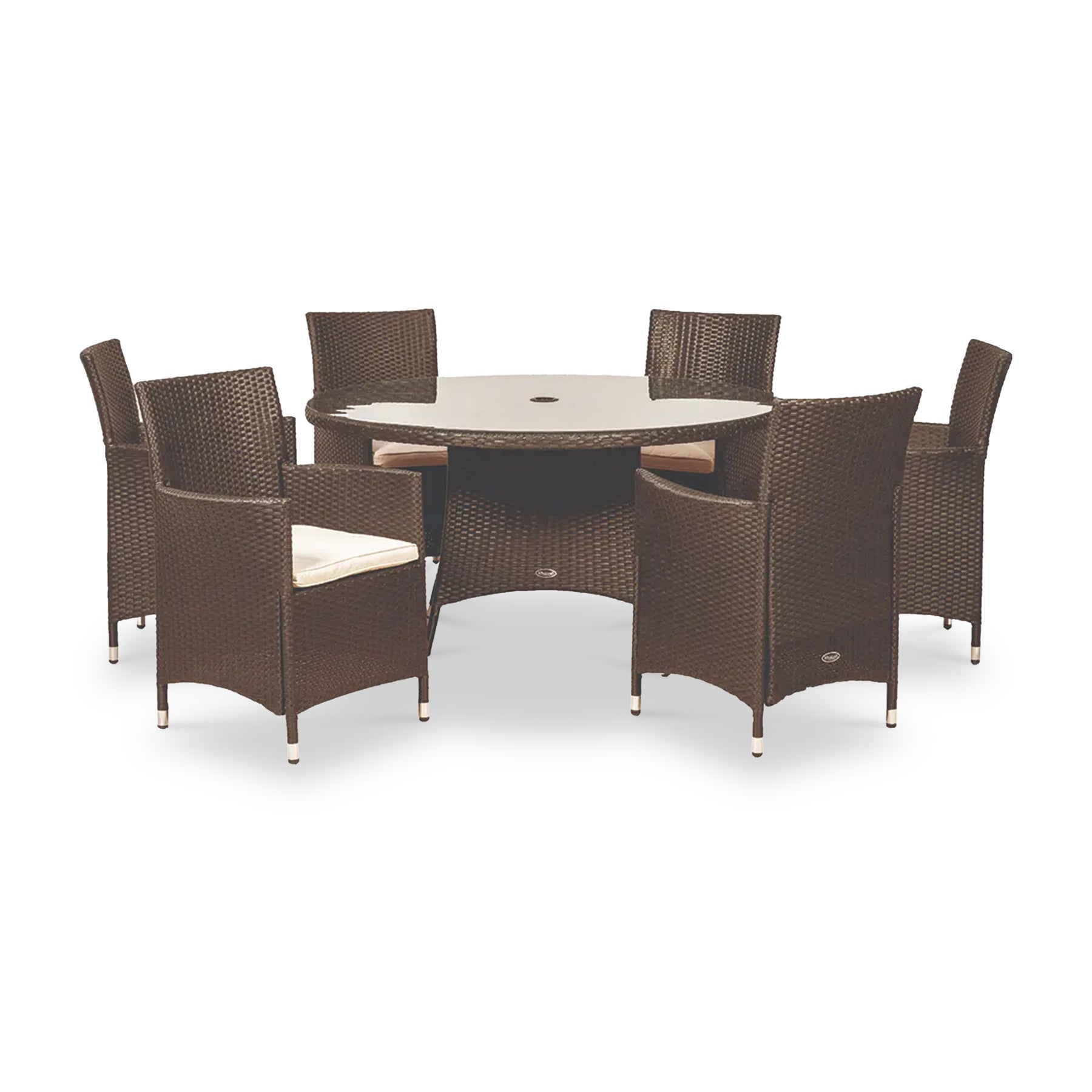 A round outdoor table with six matching wicker chairs, arranged as if awaiting guests, isolated against a white background.