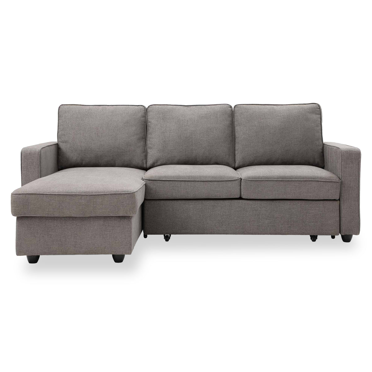 A grey L-shaped sectional sofa with three back cushions and an extended chaise, standing against a white background.