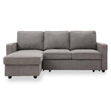 A grey L-shaped sectional sofa with three back cushions and an extended chaise, standing against a white background.