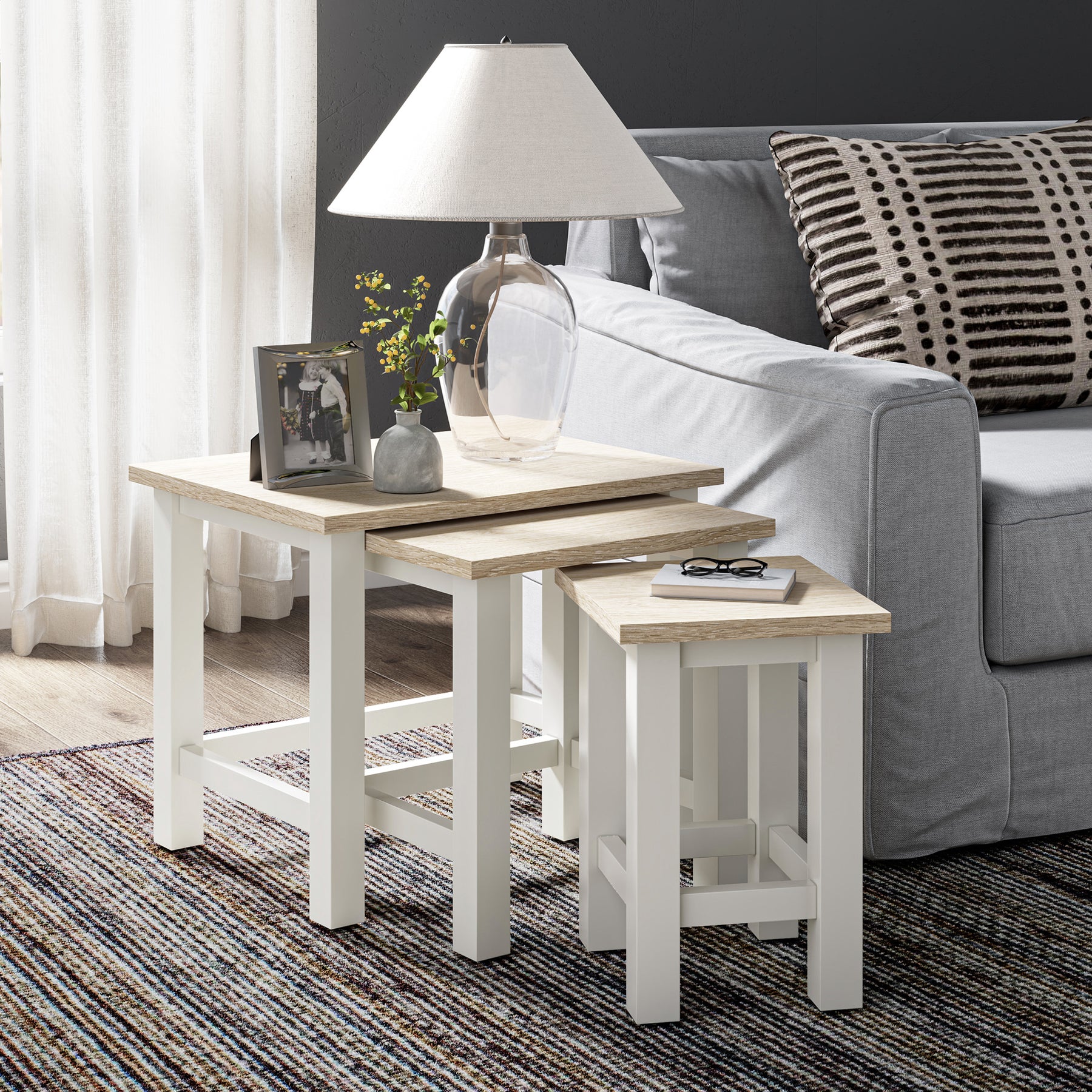 Farrow Coconut White Nest of Tables with Washed Oak Top from Roseland Furniture