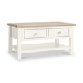 Farrow Coconut White Coffee Table with Washed Oak Top and metal handles from Roseland Furniture