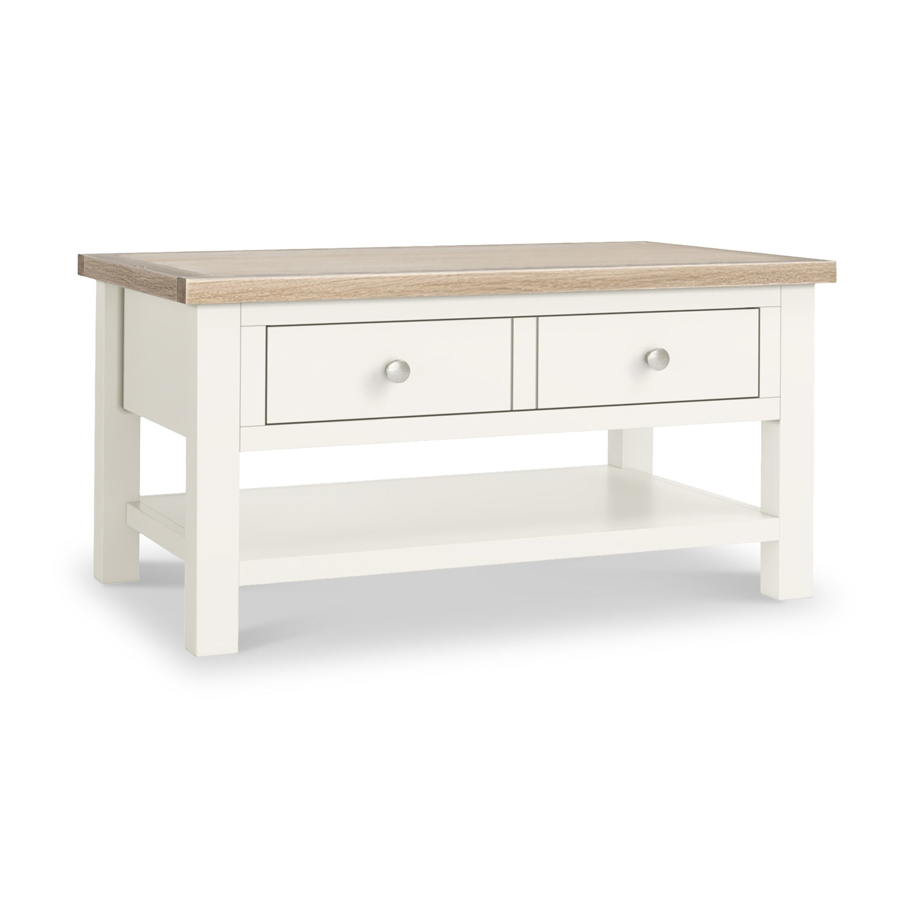 Farrow Coconut White Coffee Table with Washed Oak Top and metal handles from Roseland Furniture