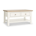 Farrow Coconut White Coffee Table with Washed Oak Top and wooden handles from Roseland Furniture