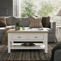 Farrow Coconut White Coffee Table with Washed Oak Top and wooden handles from Roseland Furniture