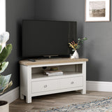Farrow Coconut White Corner TV Stand with Washed Oak Top and metal handles from Roseland Furniture