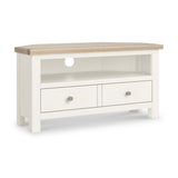 Farrow Coconut White Corner TV Stand with Washed Oak Top and wooden handles from Roseland Furniture