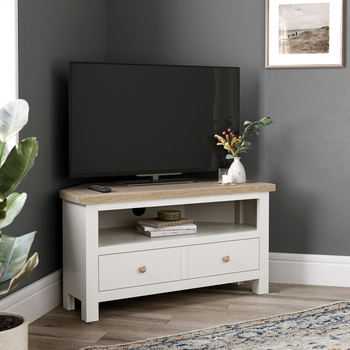 Farrow Coconut White Corner TV Stand with Washed Oak Top and wooden handles from Roseland Furniture