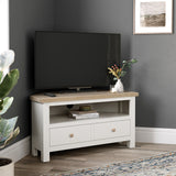 Farrow Coconut White Corner TV Stand with Washed Oak Top and wooden handles from Roseland Furniture