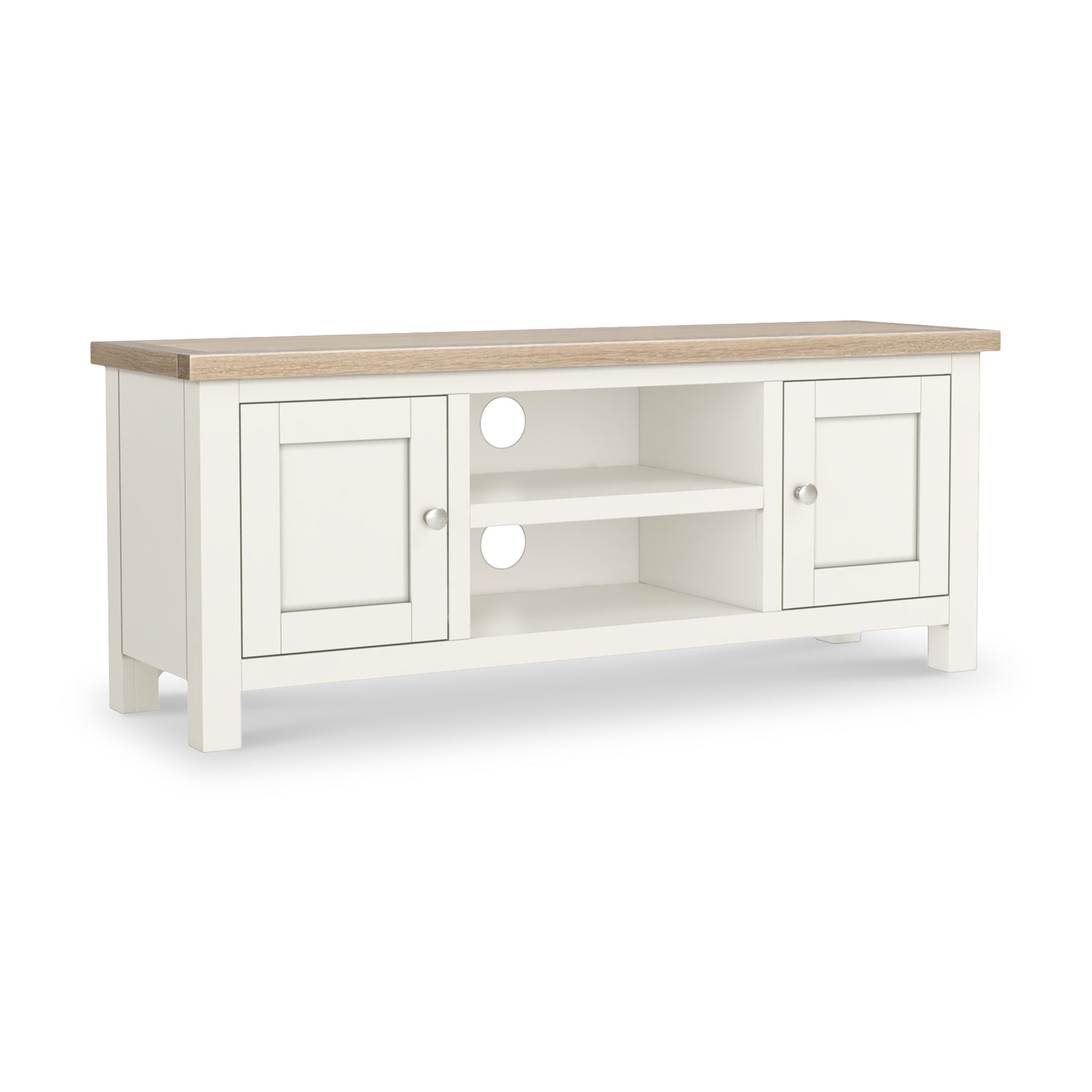 Farrow Coconut White with Washed Oak Top and metal handles 120cm TV Stand from Roseland Furniture