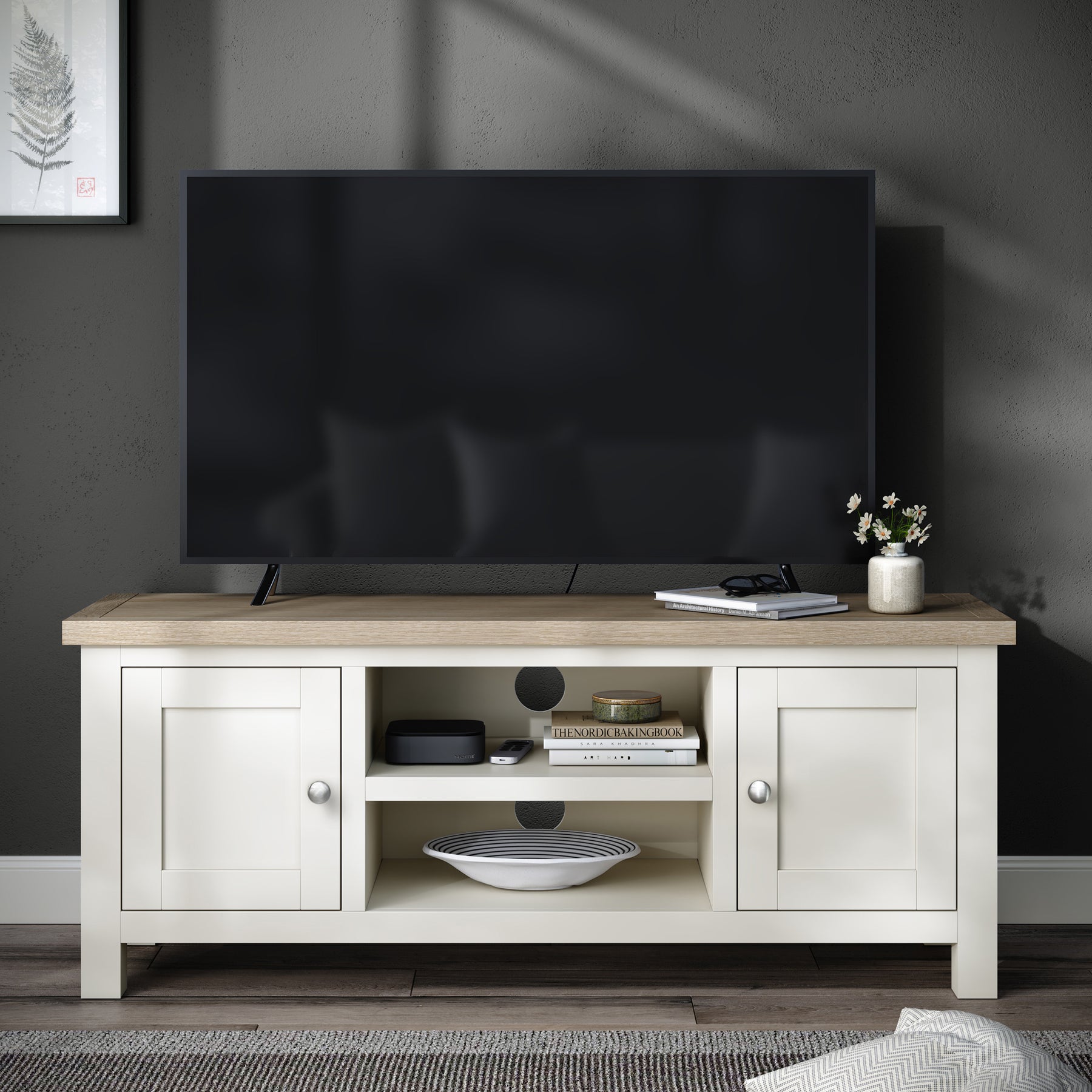 Farrow Coconut White with Washed Oak Top and metal handles 120cm TV Stand from Roseland Furniture