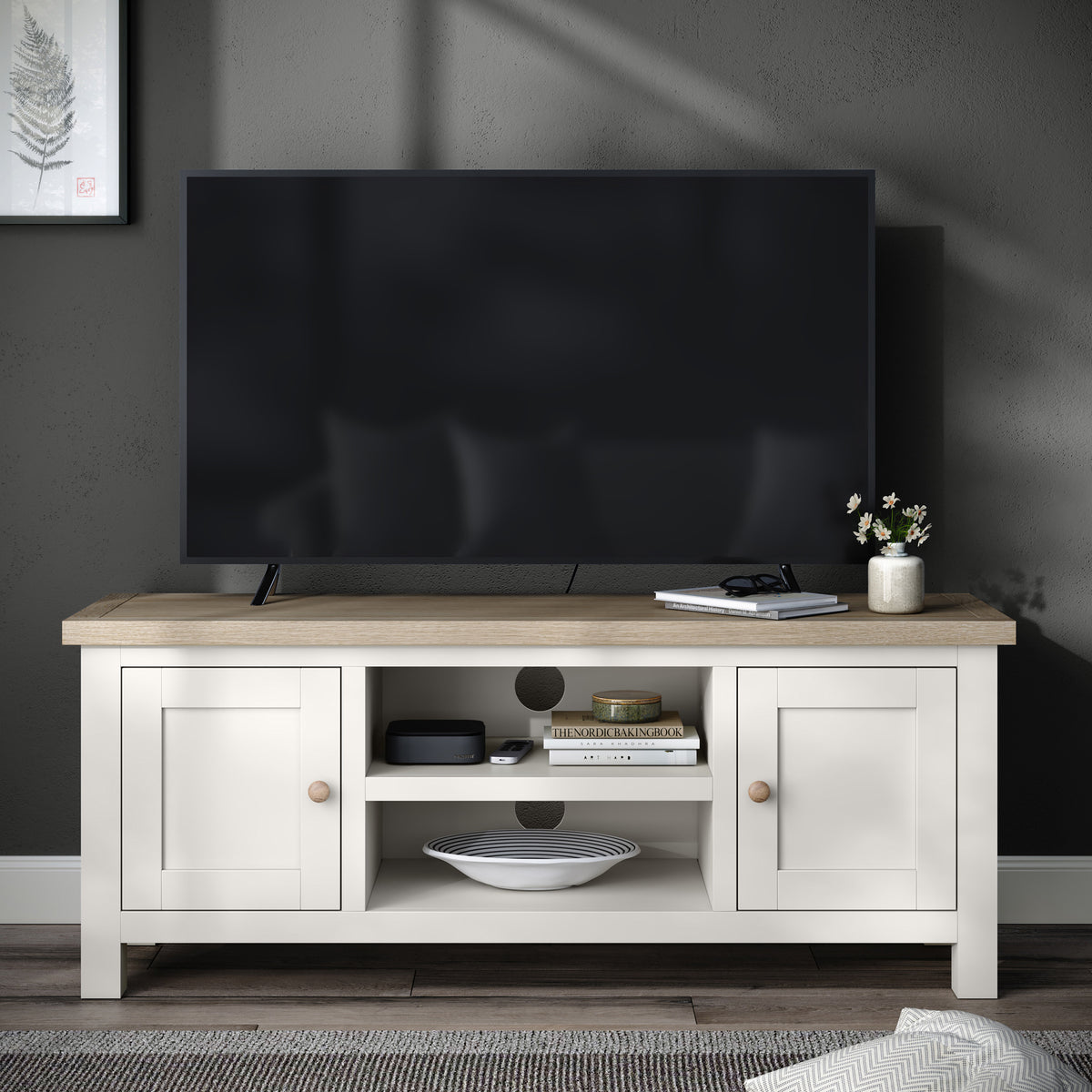 Farrow Coconut White with Washed Oak Top and wooden handles 120cm TV Stand from Roseland Furniture