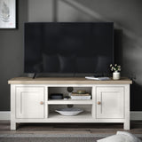 Farrow Coconut White with Washed Oak Top and wooden handles 120cm TV Stand from Roseland Furniture