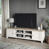 Farrow Coconut White 180cm Extra Wide TV Stand with metal handles from Roseland Furniture