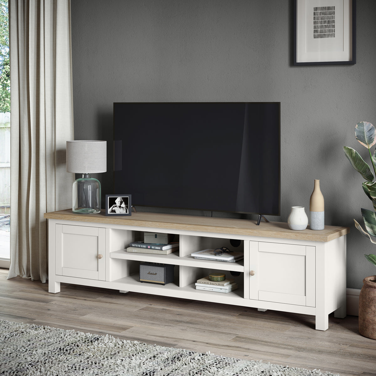 Farrow Coconut White 180cm Extra Wide TV Stand with wooden handles from Roseland Furniture