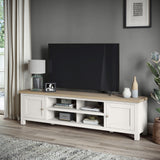 Farrow Coconut White 180cm Extra Wide TV Stand with wooden handles from Roseland Furniture