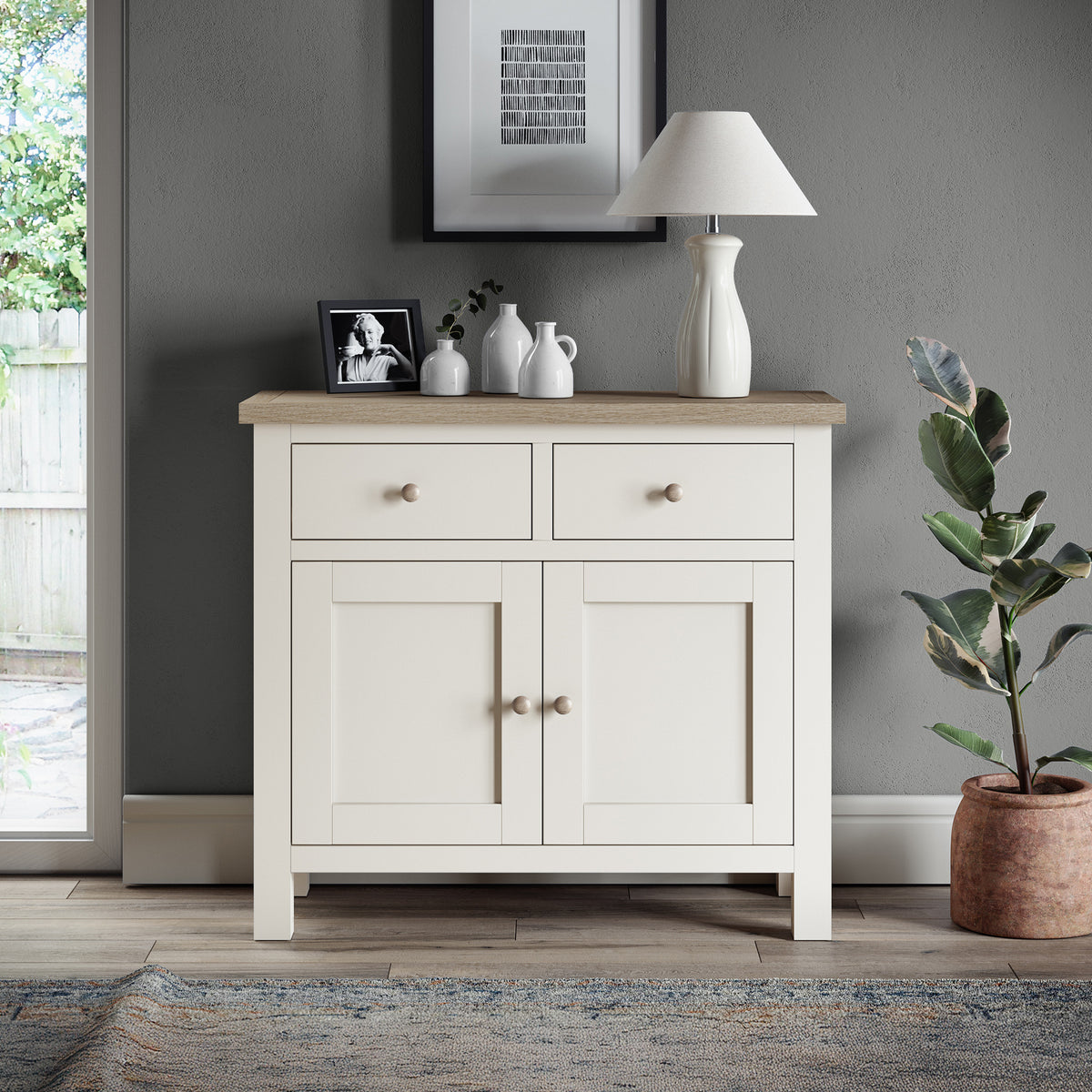 Farrow Coconut White Small Sideboard with wooden handles from Roseland Furniture