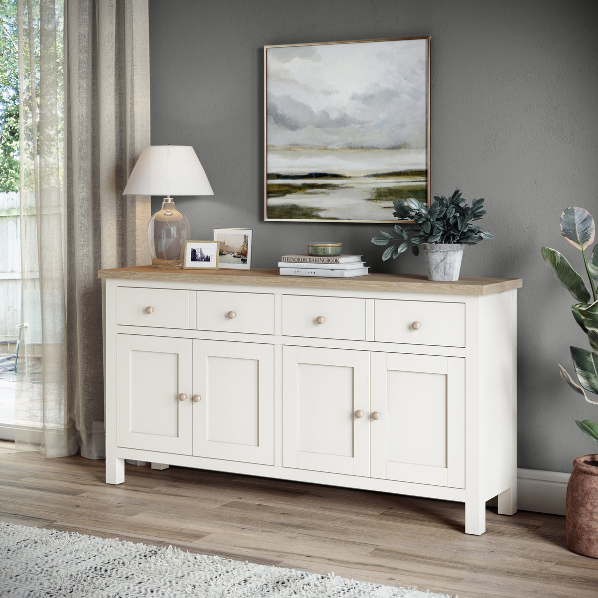 Farrow Coconut White Extra Large Sideboard with wooden handles from Roseland Furniture