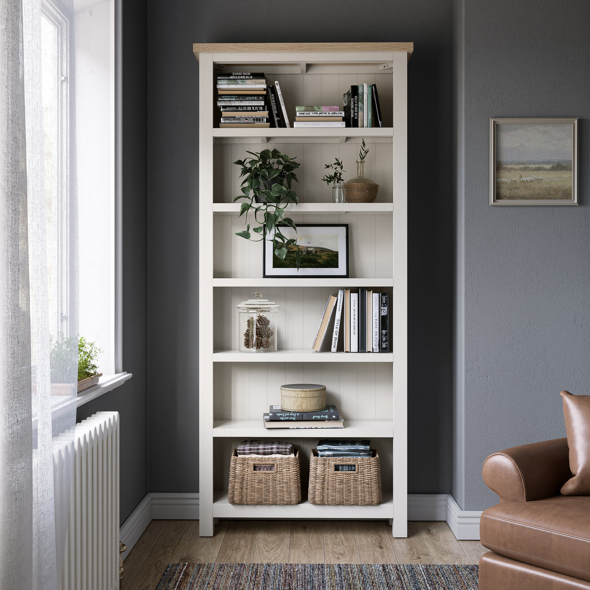 Farrow Washed Oak White Large Bookcase from Roseland Furniture