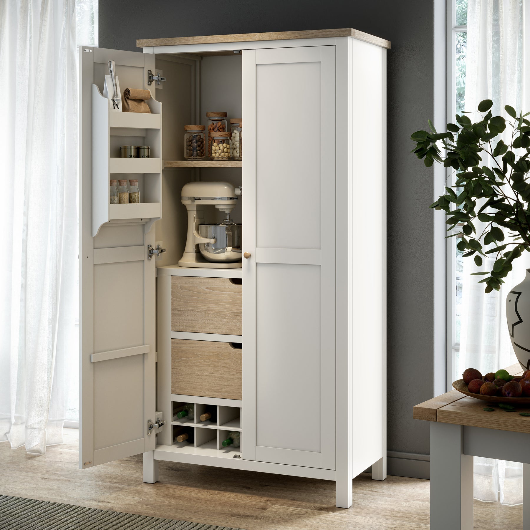 Farrow Coconut White Kitchen Larder Unit with washed oak top and wooden handles from Roseland Furniture