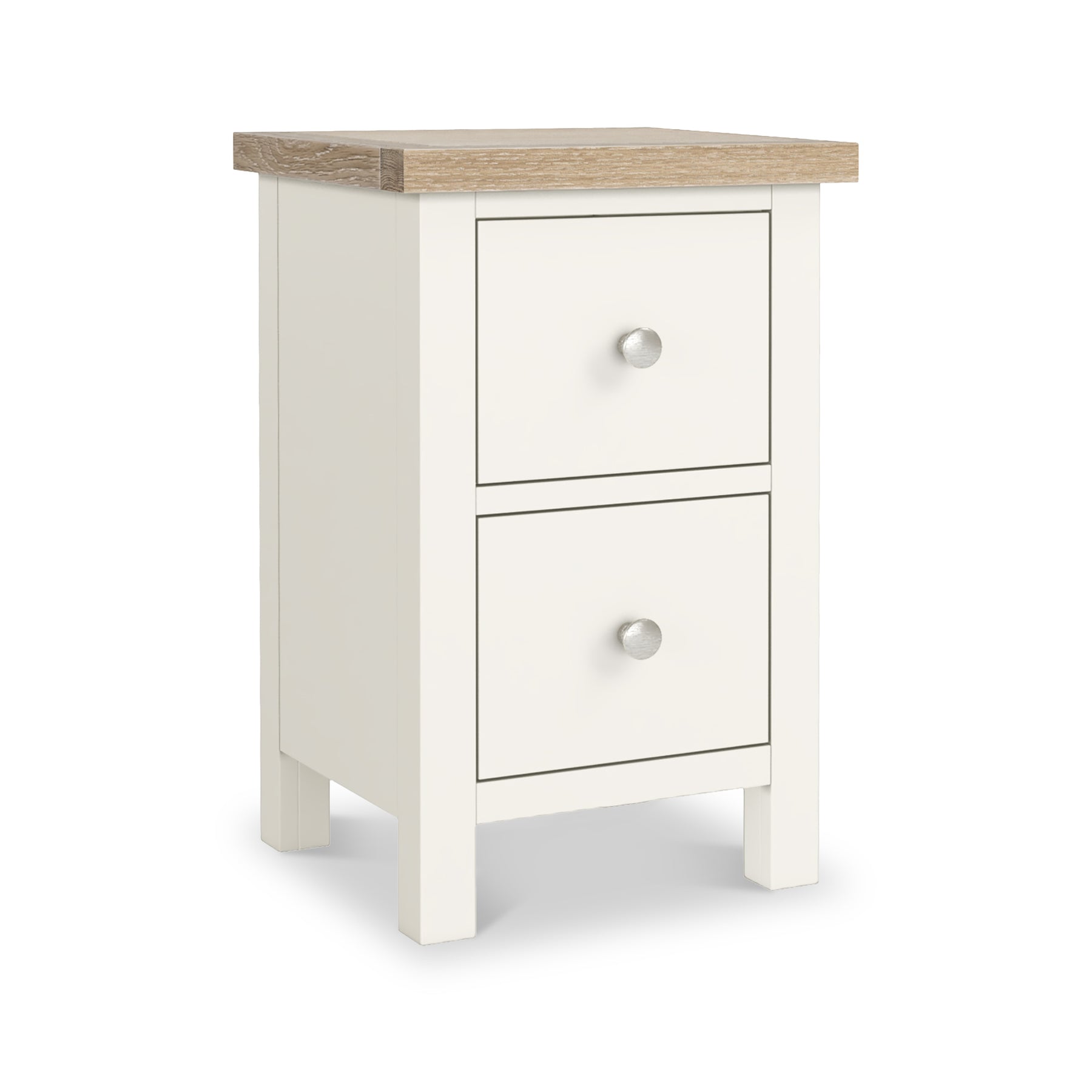 Farrow Coconut White Slim Bedside Table with Washed Oak Top and metal handles from Roseland Furniture