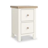 Farrow Coconut White Slim Bedside Table with Washed Oak Top and wooden handles from Roseland Furniture