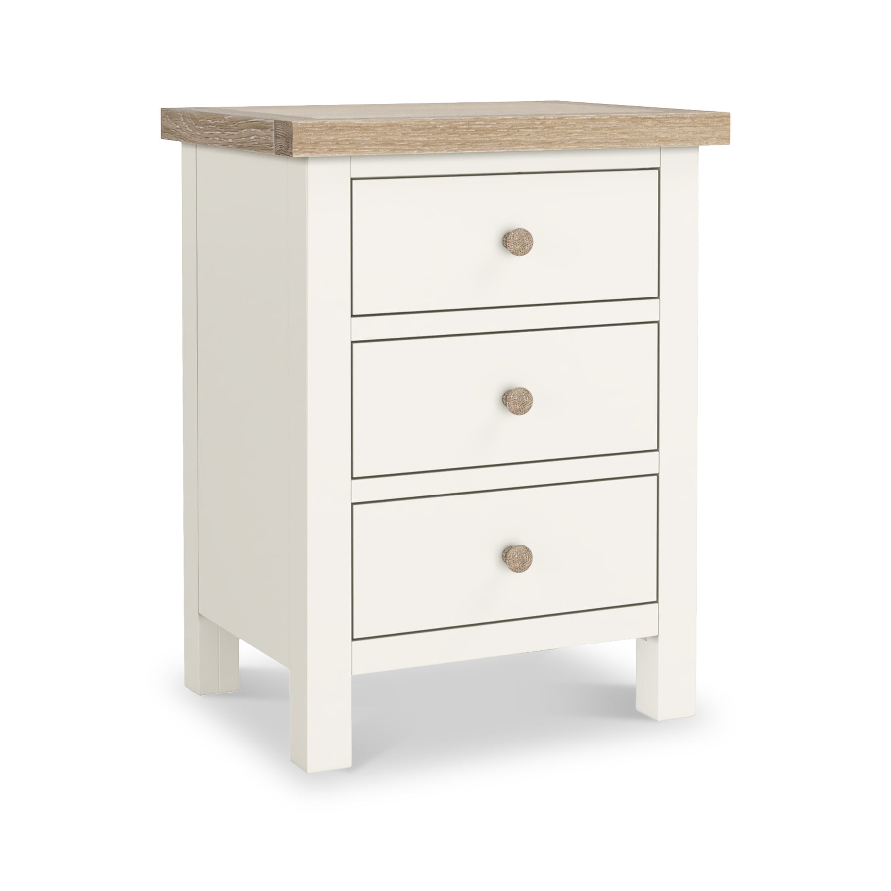 Farrow Coconut White Bedside Table from Roseland Furniture - angle view with wooden handles