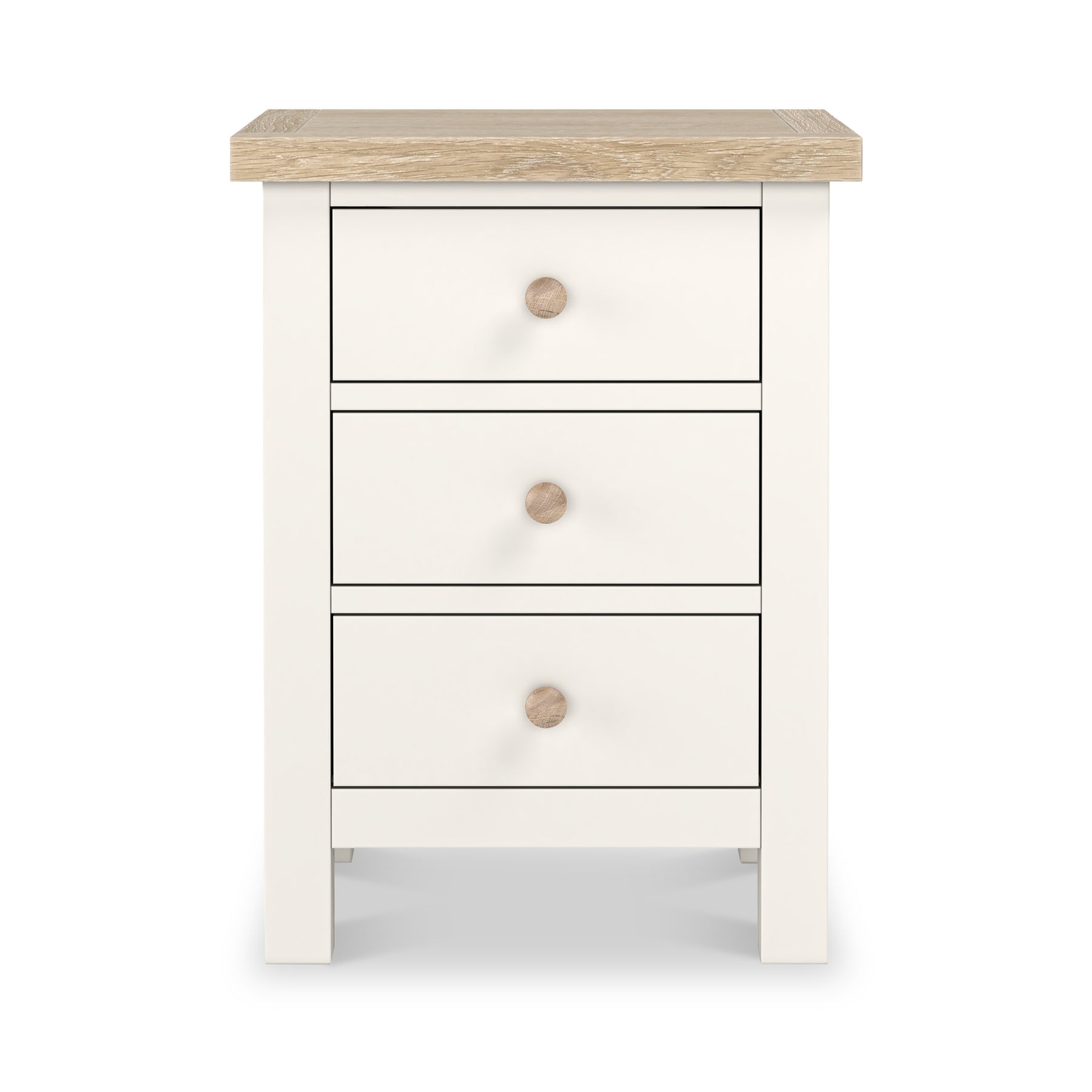 Farrow Coconut White Bedside Table from Roseland Furniture - front view with wooden handles