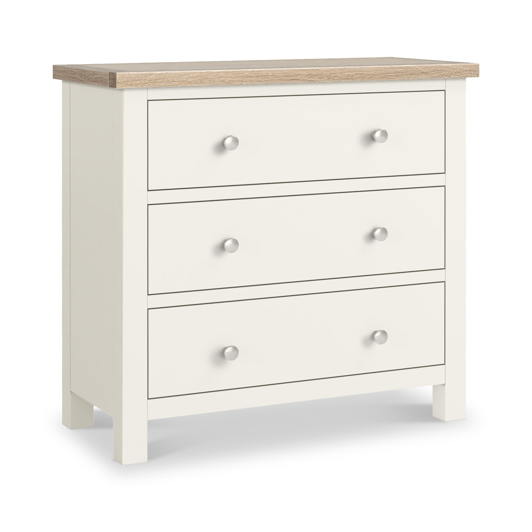 Farrow Coconut White 3 Drawer Chest with Washed Oak Top and metal handles from Roseland Furniture
