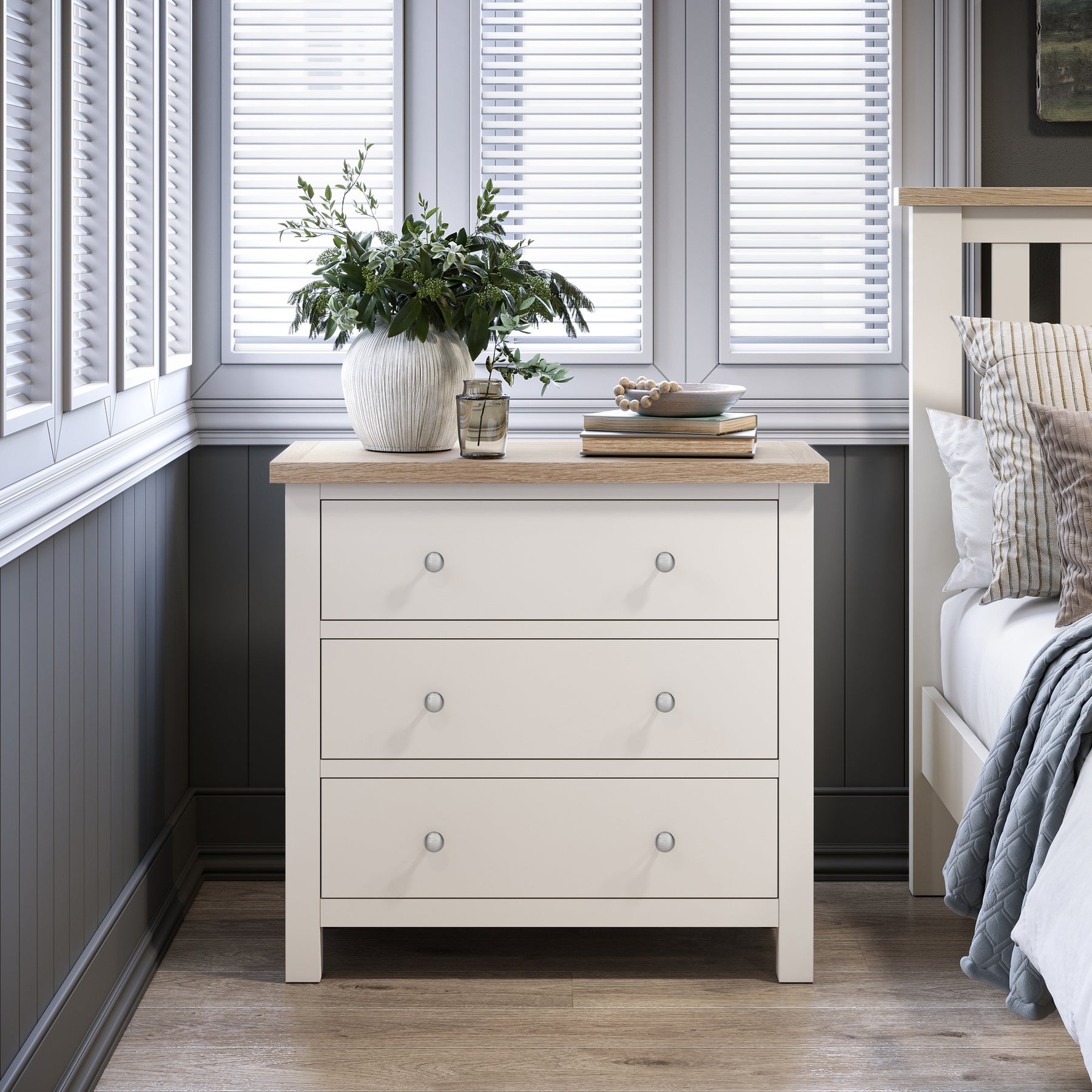 Farrow Coconut White 3 Drawer Chest with Washed Oak Top and metal handles from Roseland Furniture