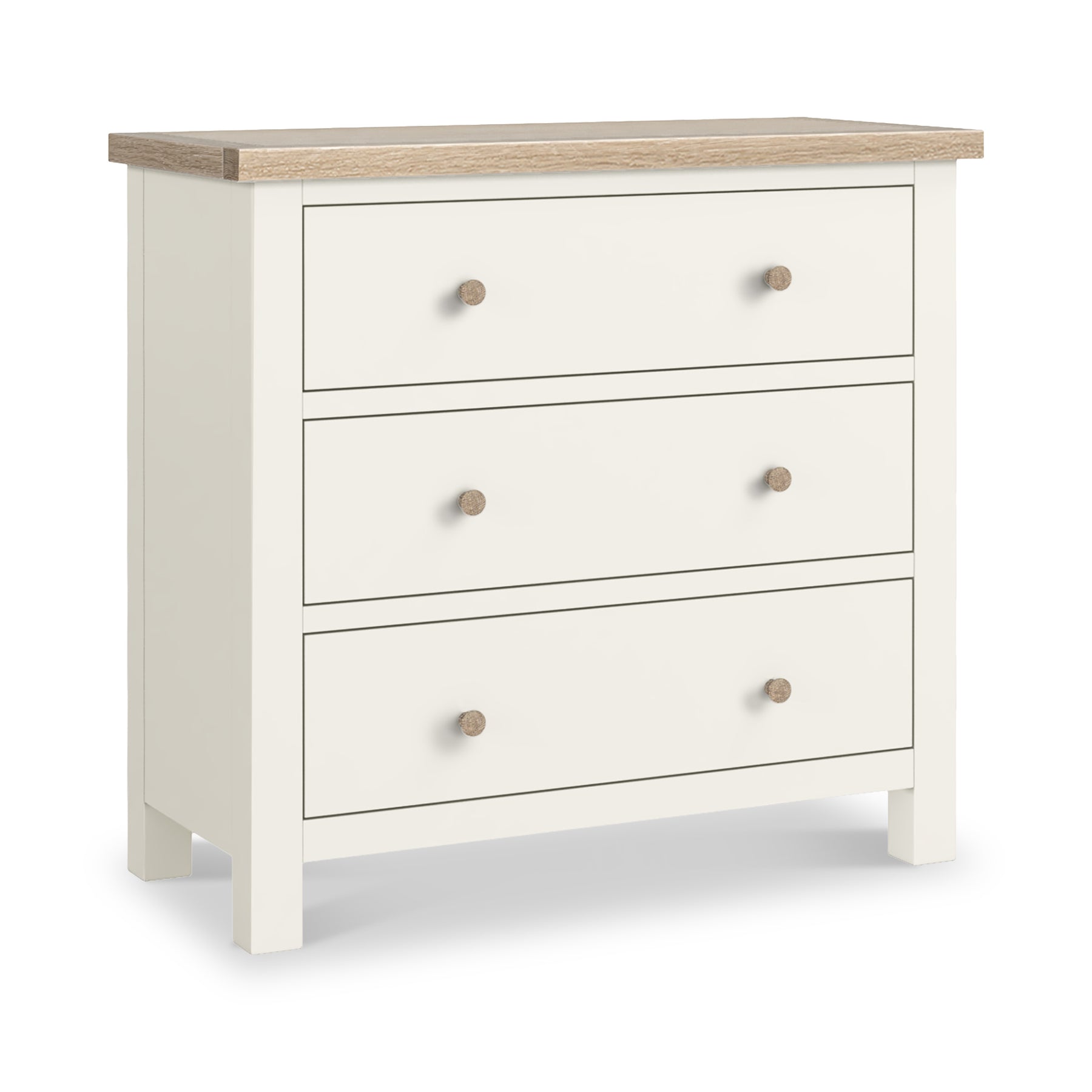 Farrow Coconut White 3 Drawer Chest with Washed Oak Top and wooden handles from Roseland Furniture
