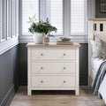 Farrow Coconut White 3 Drawer Chest with Washed Oak Top and wooden handles from Roseland Furniture