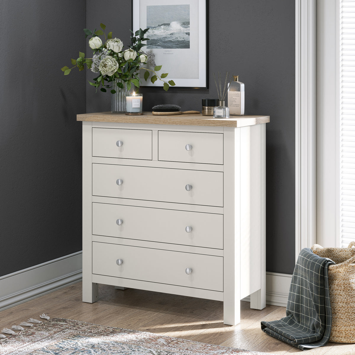 Farrow Coconut White with Washed Oak Top and metal handles 2 Over 3 Chest Of Drawers from Roseland Furniture