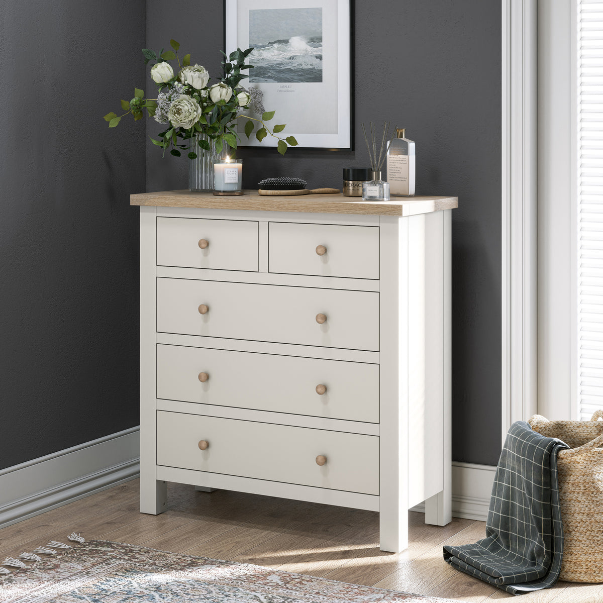 Farrow Coconut White with Washed Oak Top and wooden handles 2 Over 3 Chest Of Drawers from Roseland Furniture