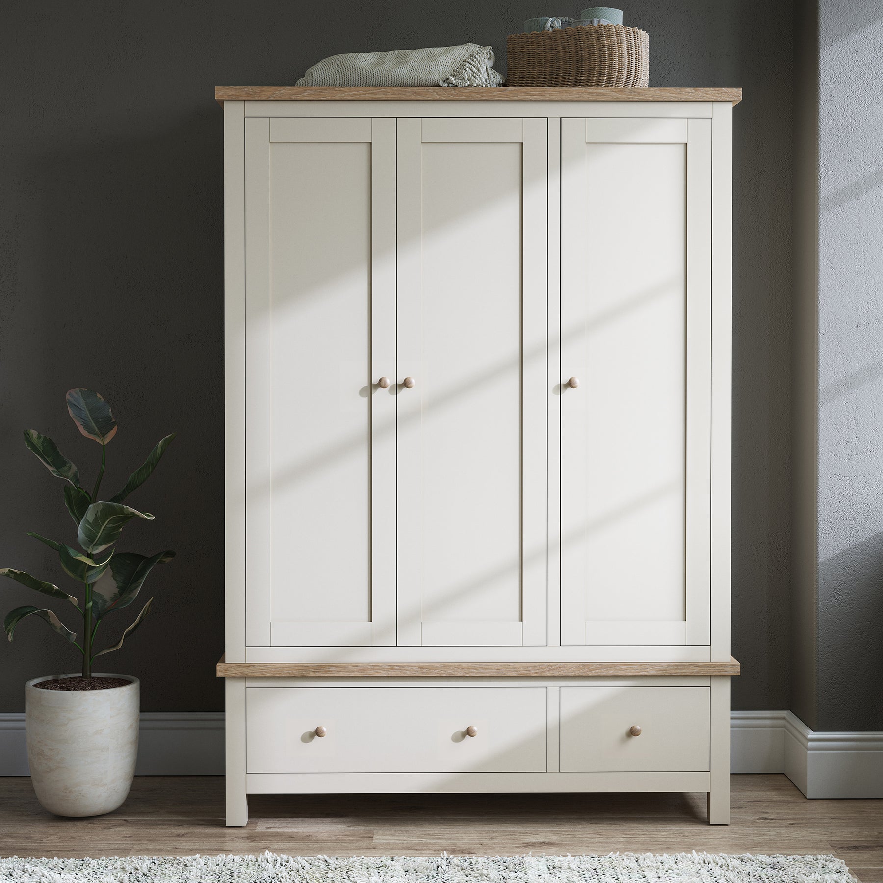 Farrow Triple Wardrobe with Drawers and wooden handles from Roseland Furniture